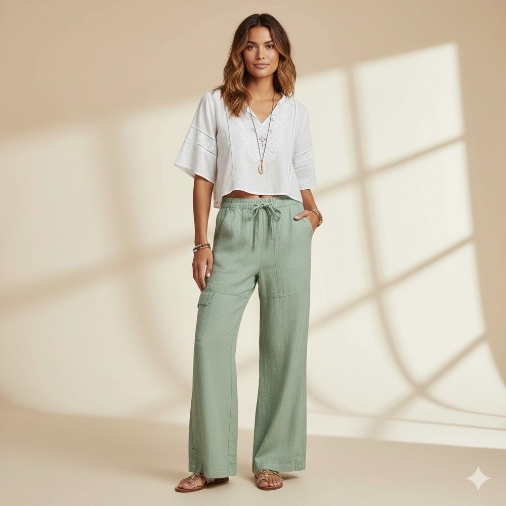 PILCRO Wide Leg Cargo Pants Linen Viscose Sage Green Drawstring Waist XXS
